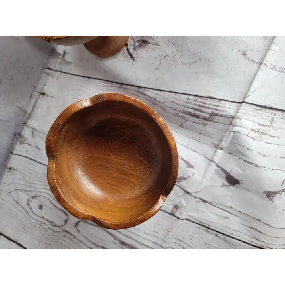 Set Of 5 Vintage Teakwood Pedestal Dessert Servers cups Boho Style Tropic Summer